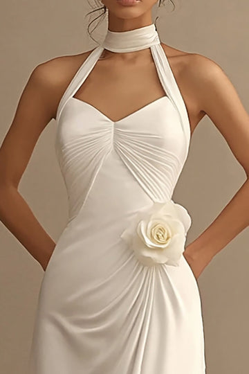 White Satin A Line Halter Ruched Long Formal Dress with 3D Flower